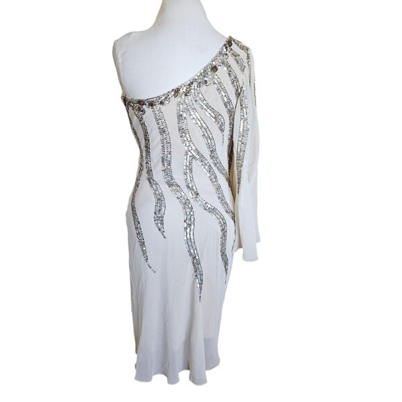 Alberto Makali Size 12 Cream One Shoulder Cocktail Dress Sequins Metallic NWT - Picture 6 of 15